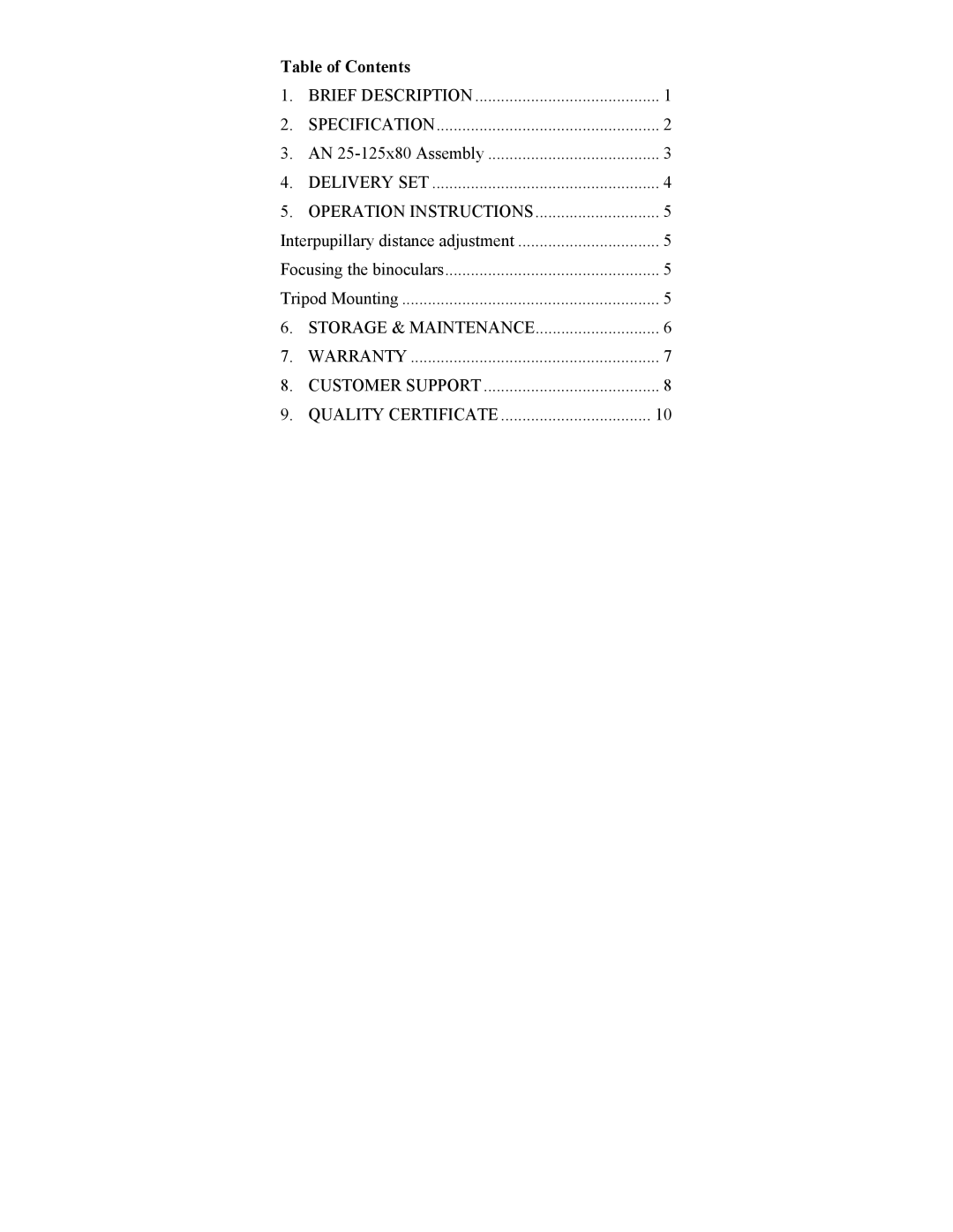 Newcon Optik AN 25-125X80 operation manual Table of Contents 