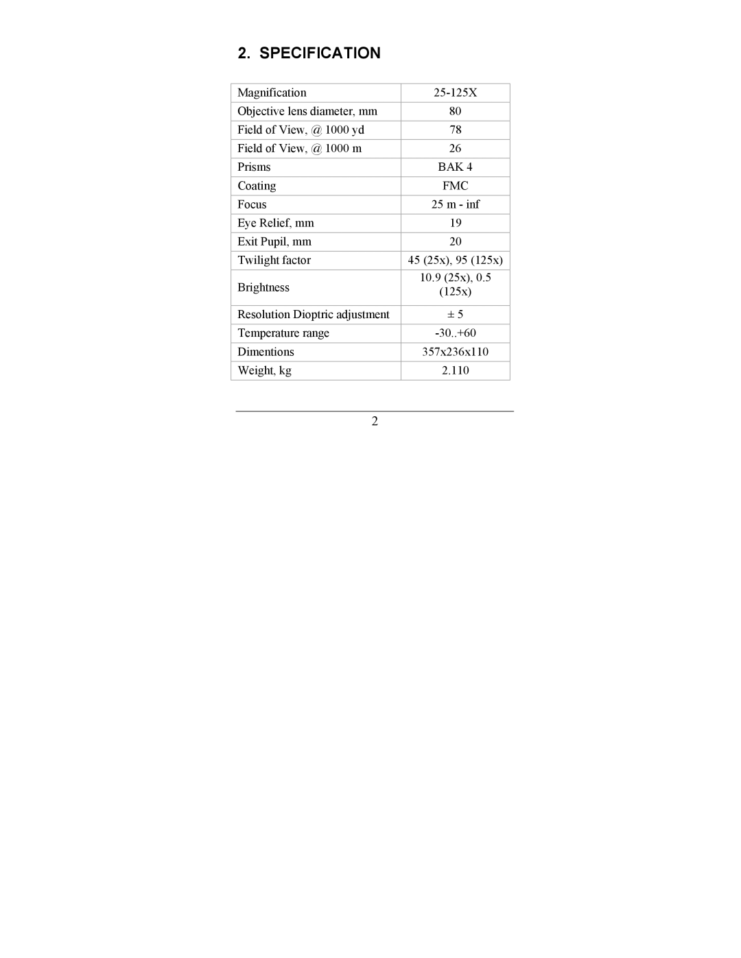 Newcon Optik AN 25-125X80 operation manual Specification, Fmc 