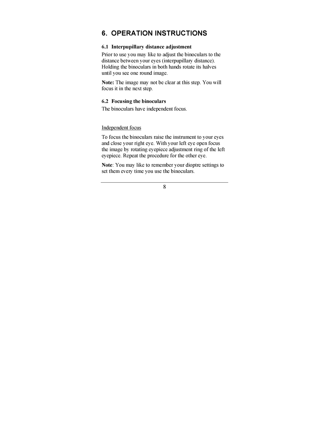 Newcon Optik an 8x30m22 Operation Instructions, Interpupillary distance adjustment, Focusing the binoculars 