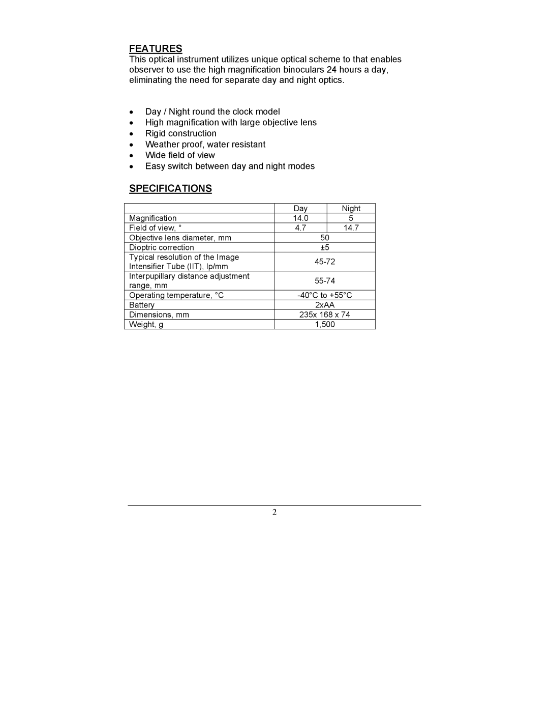 Newcon Optik BDN 14X50 operation manual Features, Specifications 