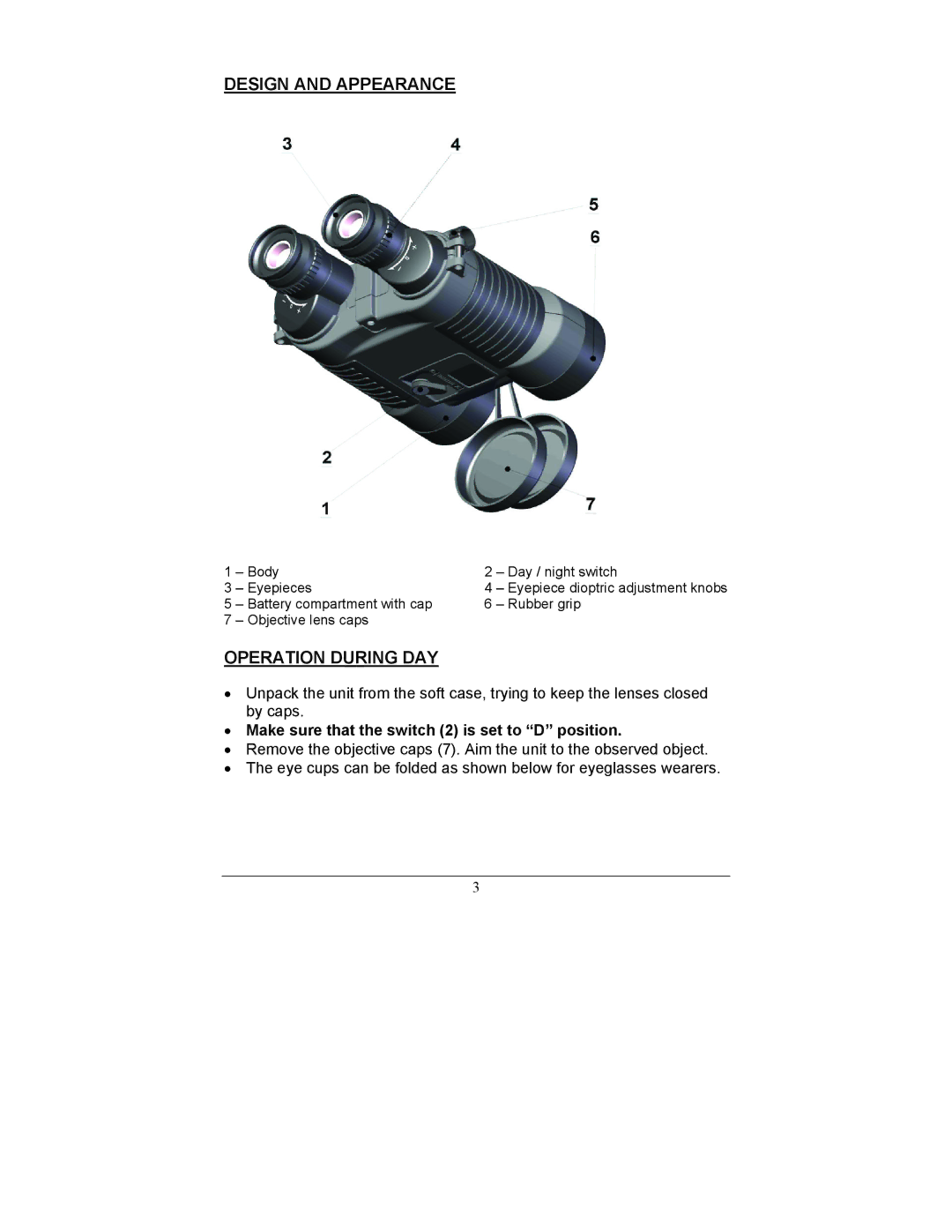 Newcon Optik BDN 14X50 Design and Appearance, Operation During DAY, Make sure that the switch 2 is set to D position 