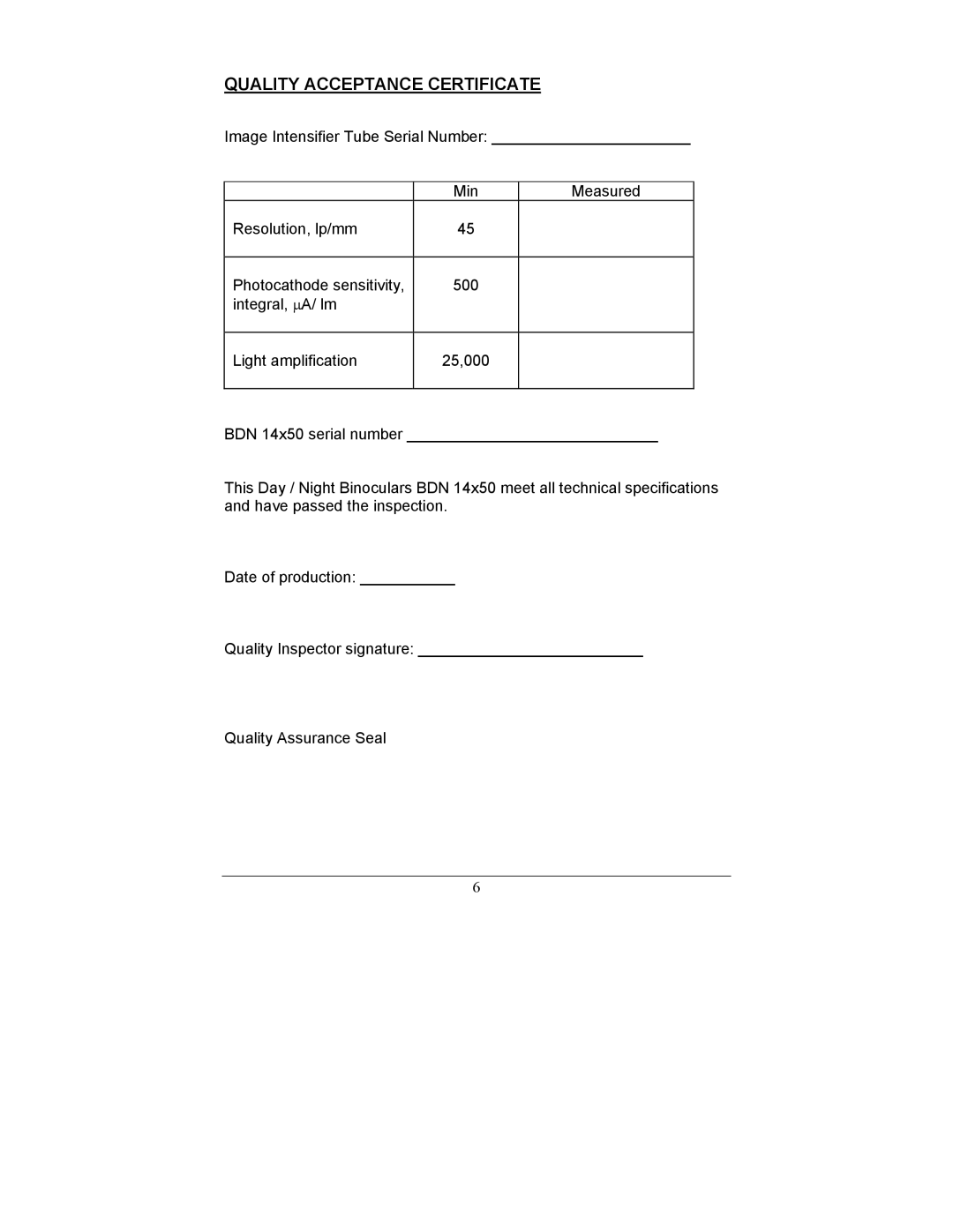 Newcon Optik BDN 14X50 operation manual Quality Acceptance Certificate 