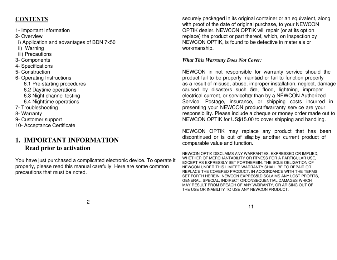 Newcon Optik BDN 7x50 operation manual Important Information, Contents 