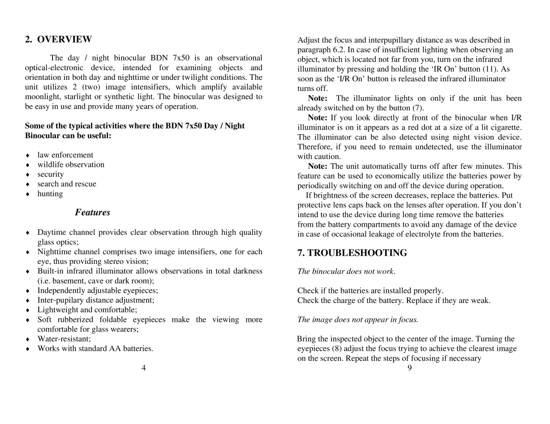 Newcon Optik BDN 7x50 operation manual Overview, Troubleshooting, Binocular does not work, Image does not appear in focus 