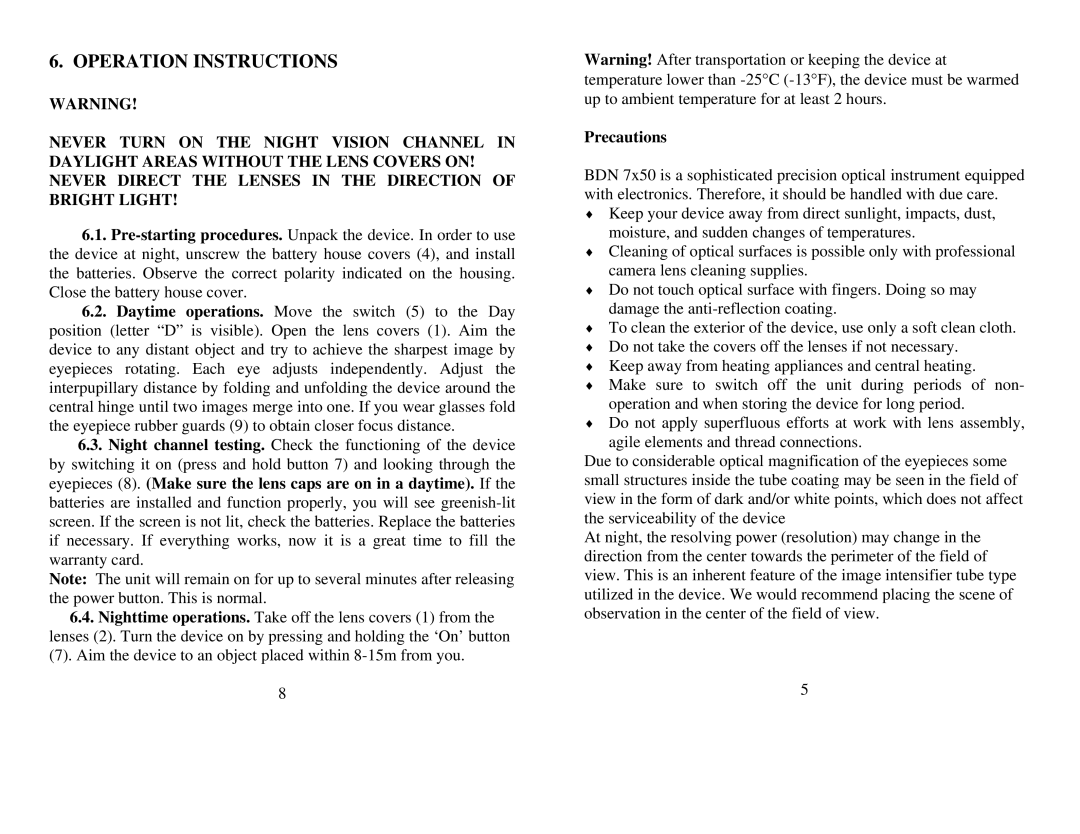 Newcon Optik BDN 7x50 operation manual Operation Instructions, Precautions 