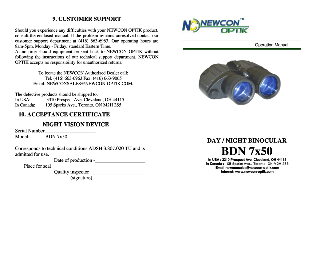 Newcon Optik BDN 7x50 operation manual Day / Night Binocular, Customer Support, Acceptance Certificate 