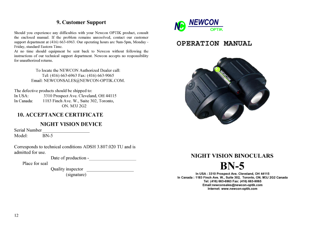 Newcon Optik BN-5 operation manual Acceptance Certificate, Night Vision Device 