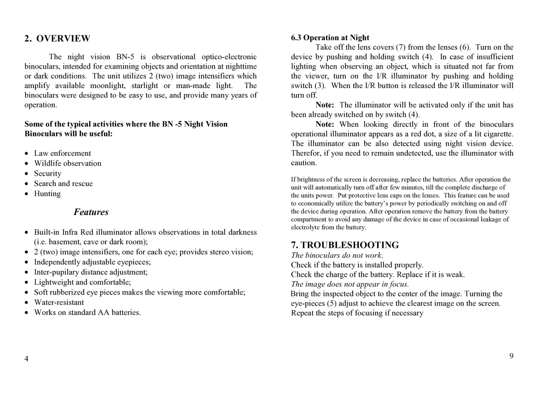 Newcon Optik BN-5 operation manual Overview, Troubleshooting, Operation at Night, Binoculars do not work 