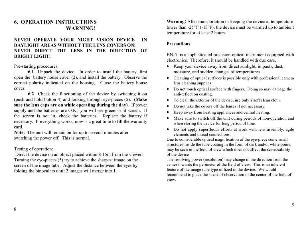 Newcon Optik BN-5 operation manual Operation Instructions Warning, Precautions 