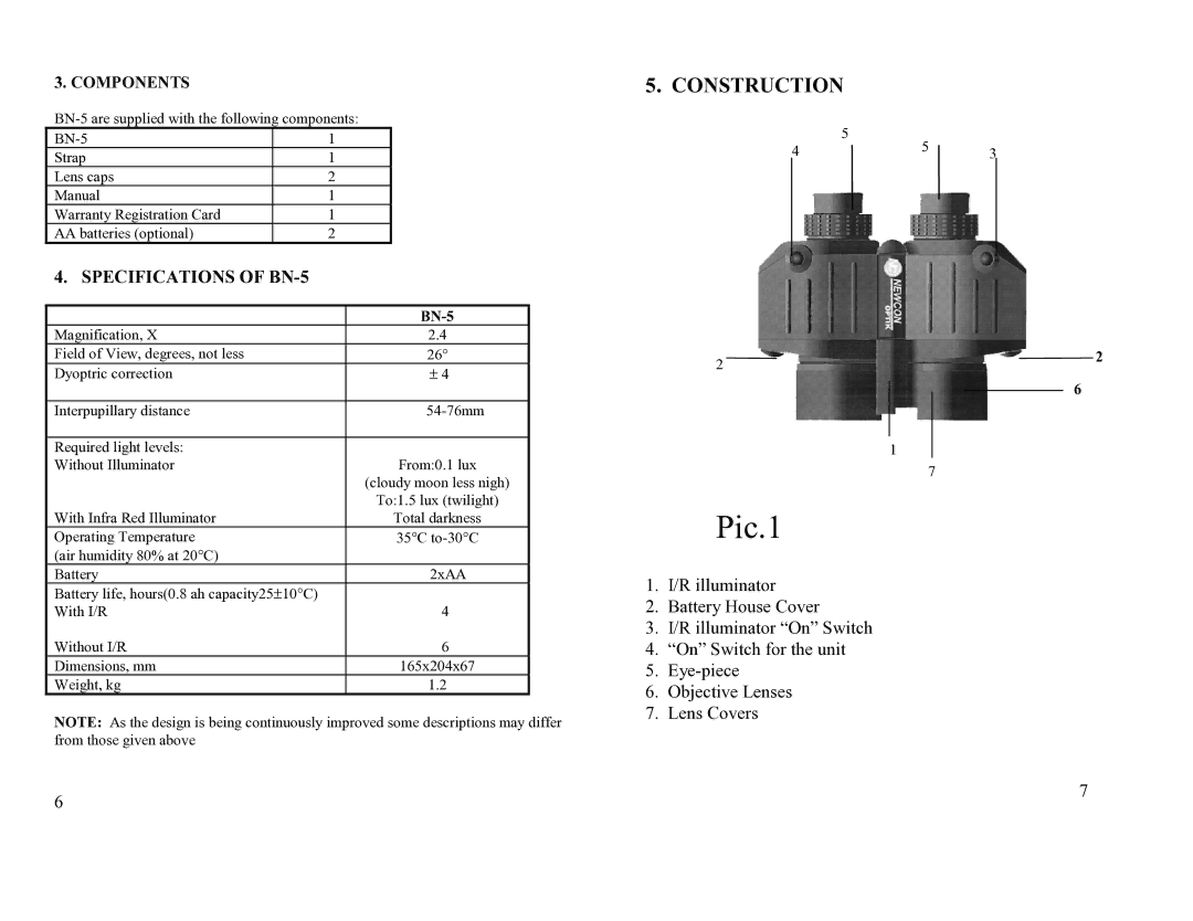 Newcon Optik BN-5 operation manual Construction, Components 