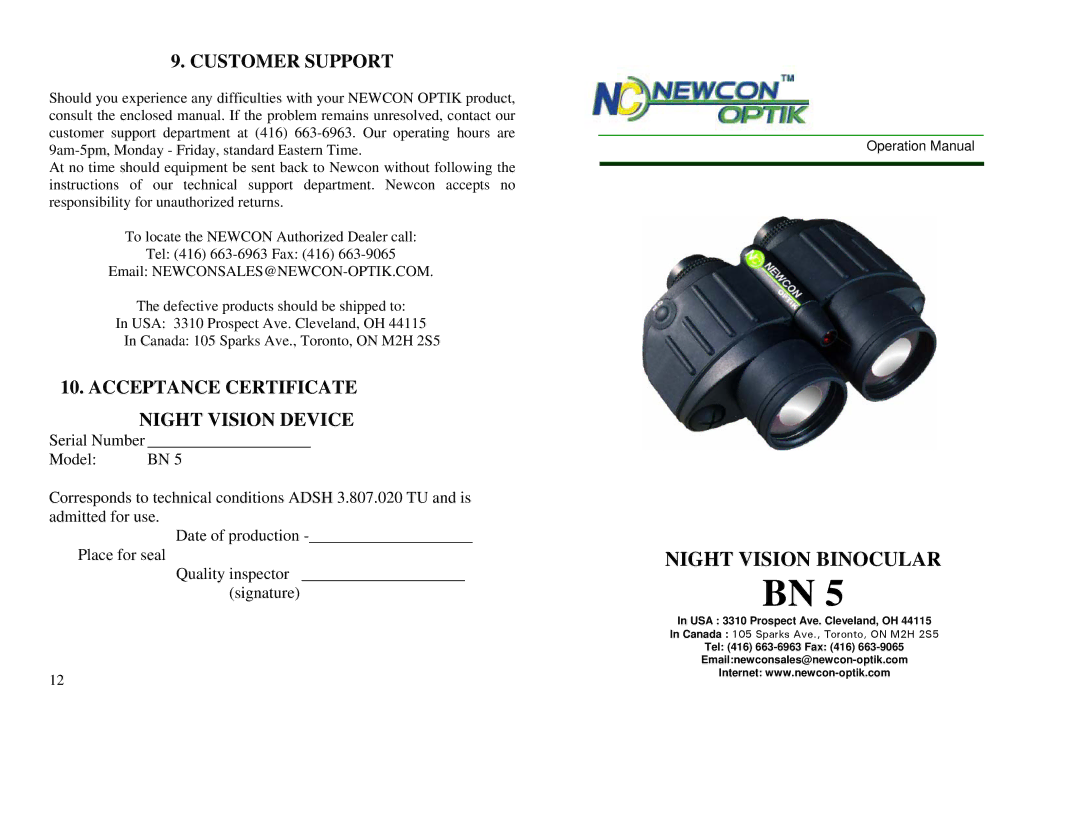 Newcon Optik BN 5 operation manual Customer Support, Acceptance Certificate Night Vision Device 