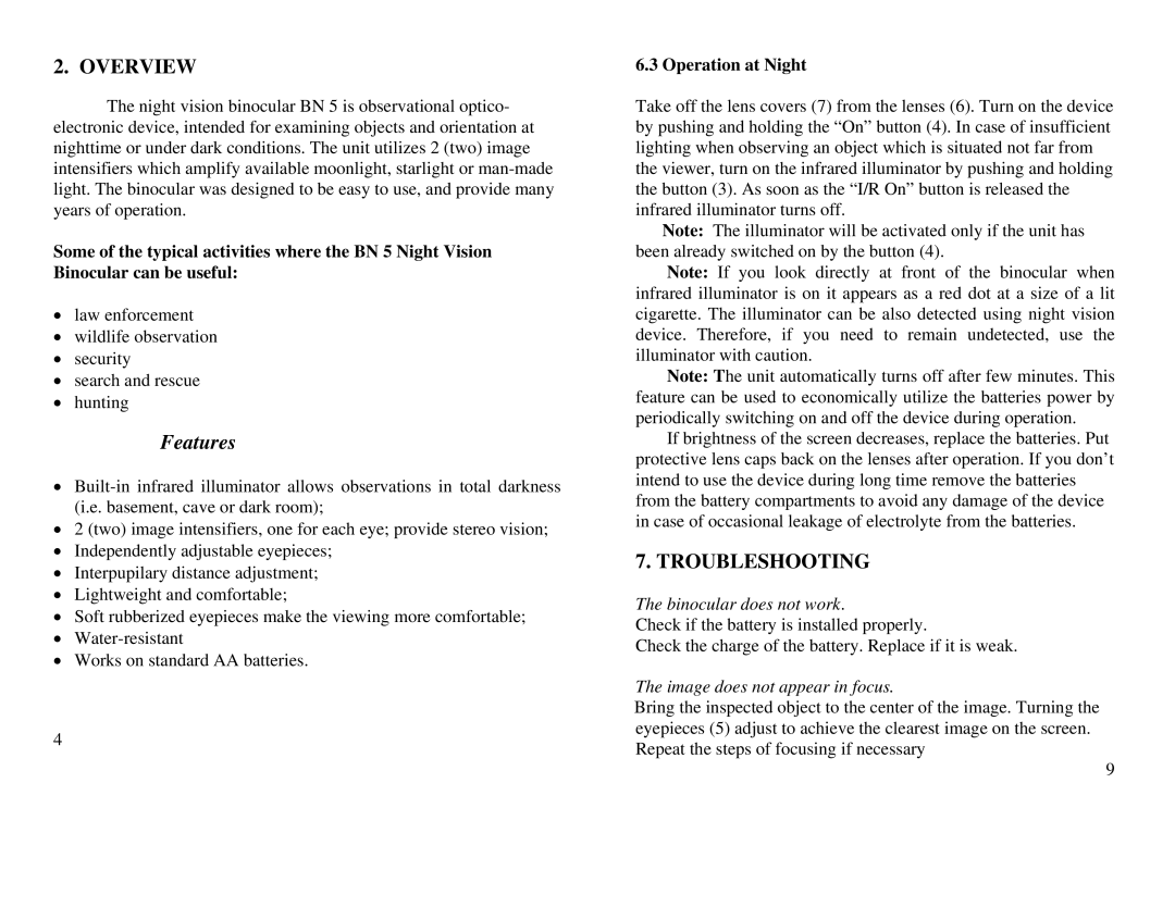 Newcon Optik BN 5 Overview, Troubleshooting, Operation at Night, Binocular does not work, Image does not appear in focus 