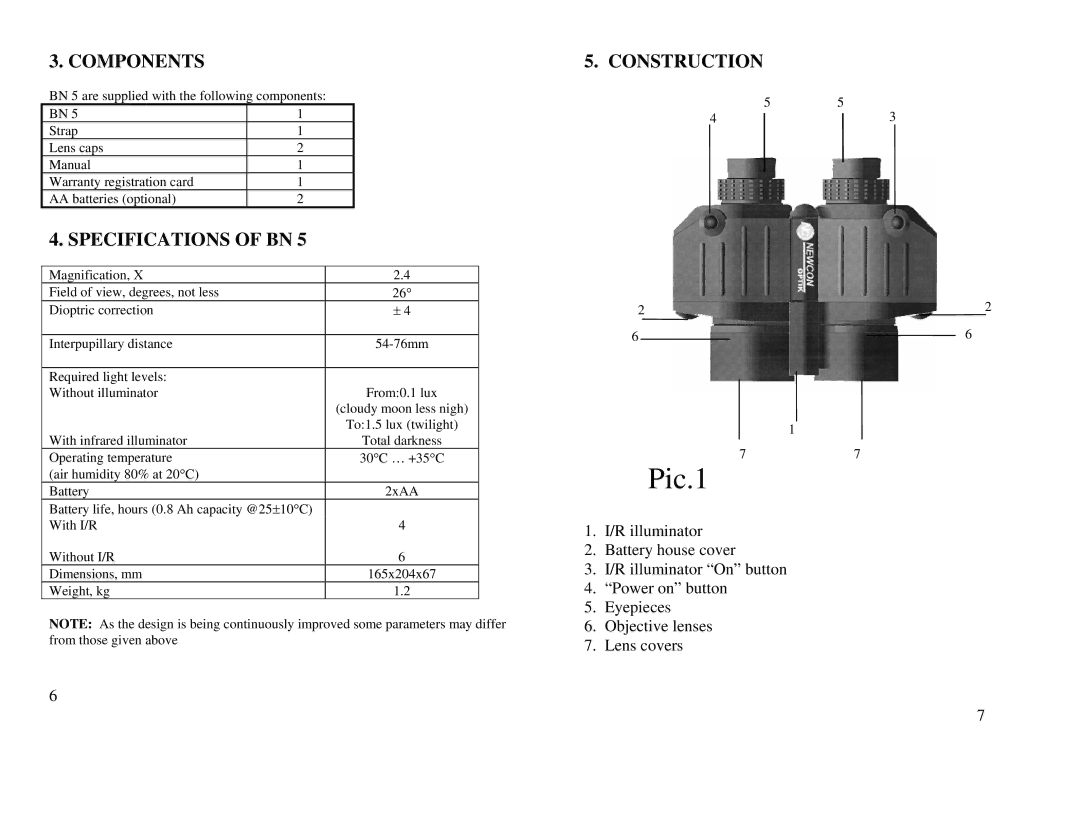 Newcon Optik BN 5 operation manual Components, Specifications of BN, Construction 