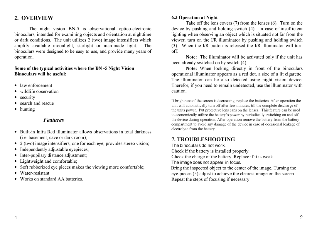 Newcon Optik BN5 operation manual Overview, Troubleshooting, Operation at Night, Binoculars do not work 