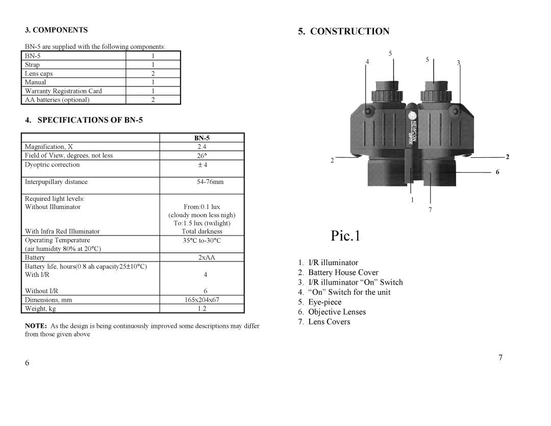 Newcon Optik BN5 operation manual Construction, Components 