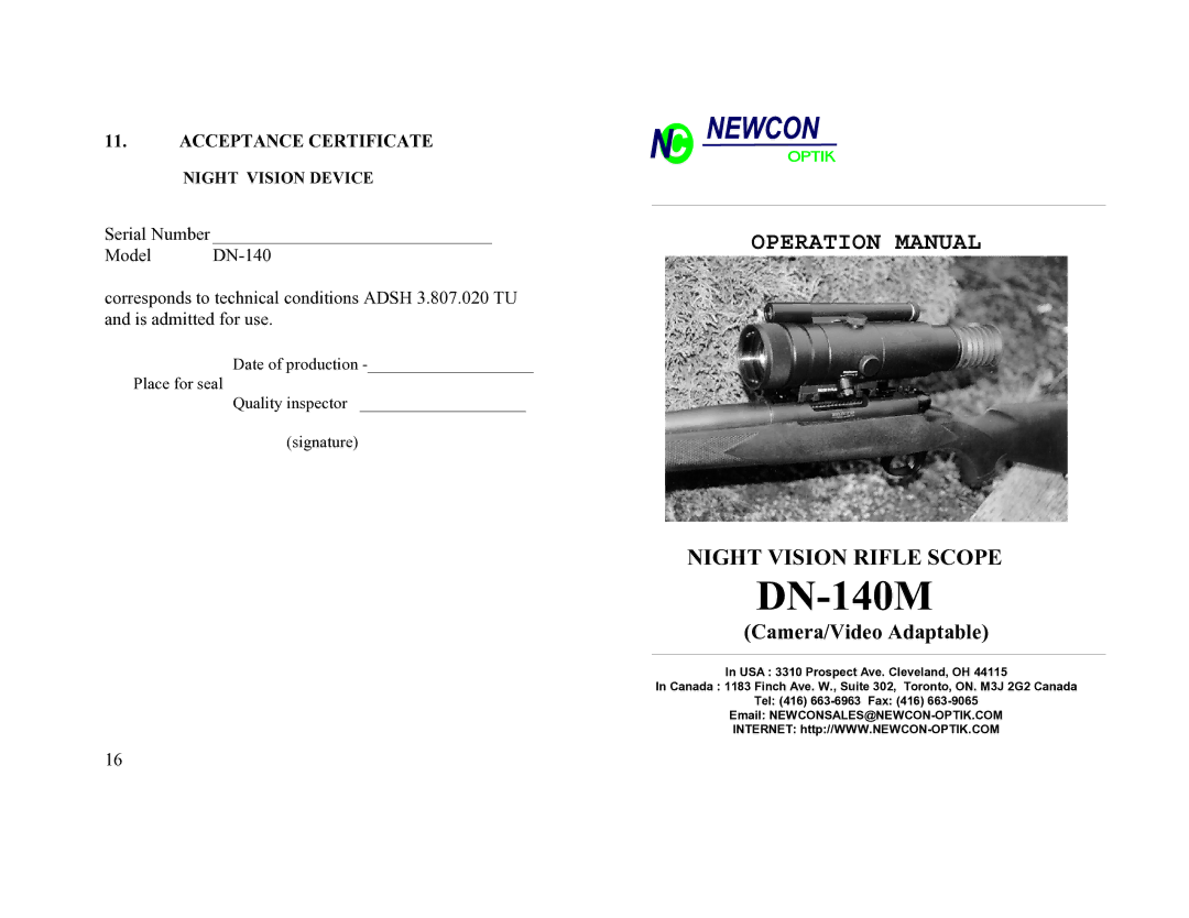 Newcon Optik DN-140 operation manual Camera/Video Adaptable, Acceptance Certificate 