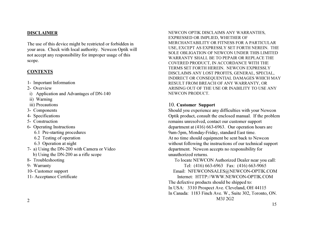 Newcon Optik DN-140 operation manual Disclaimer, Contents 