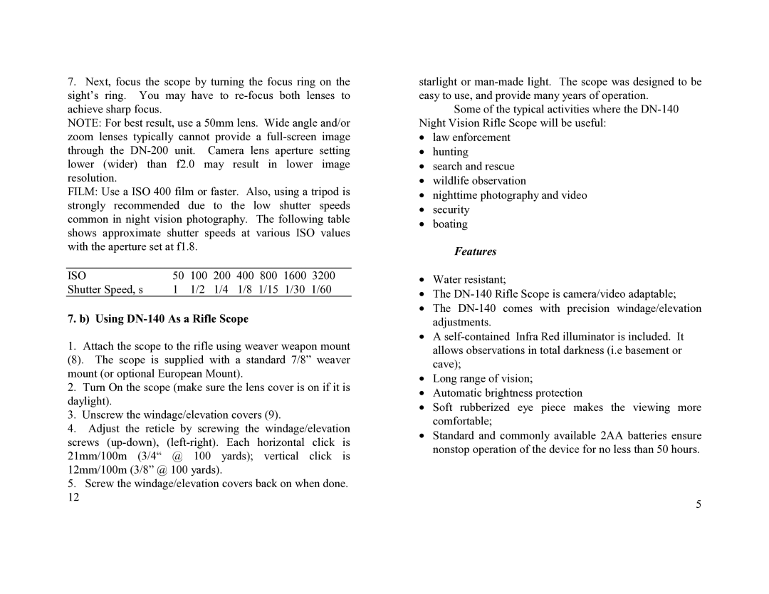 Newcon Optik operation manual Using DN-140 As a Rifle Scope, Features 