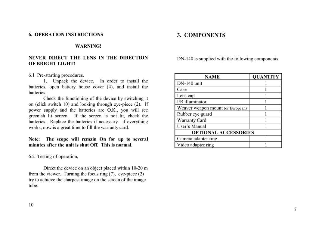 Newcon Optik DN-140 operation manual Components, Name Quantity 