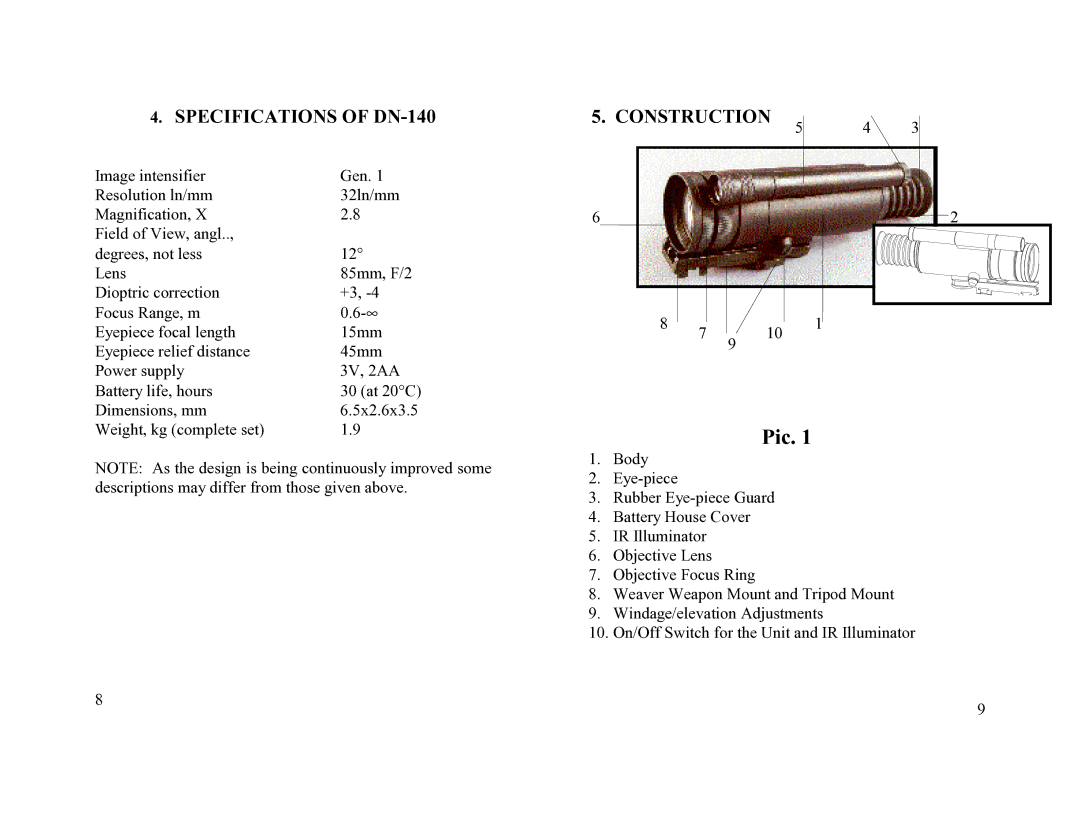 Newcon Optik operation manual Pic, Specifications of DN-140 Construction 