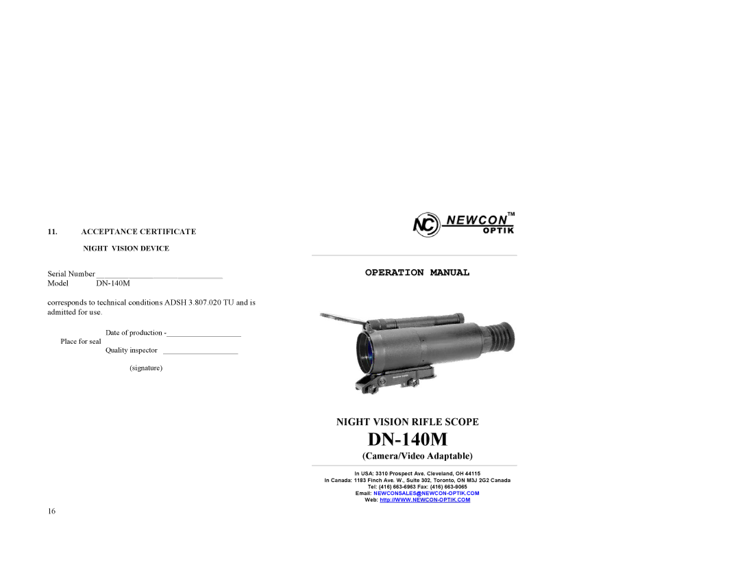 Newcon Optik DN140M operation manual Camera/Video Adaptable, Acceptance Certificate 