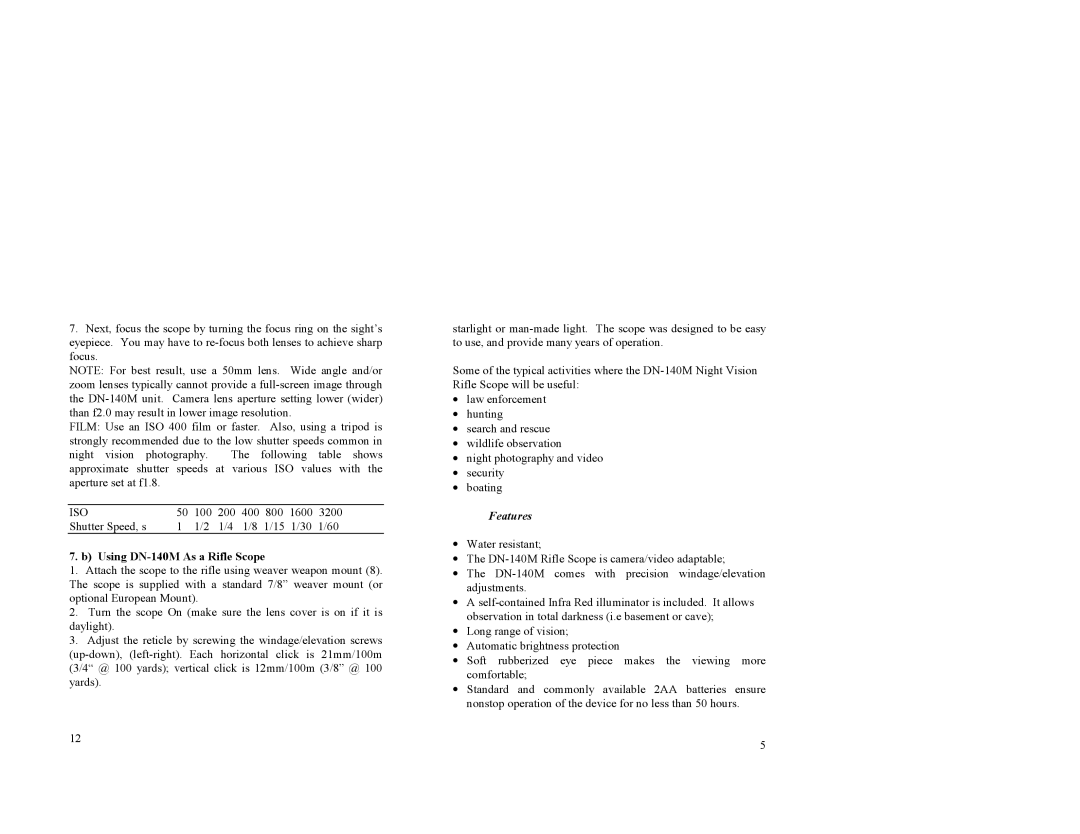 Newcon Optik DN140M operation manual Using DN-140M As a Rifle Scope, Features 