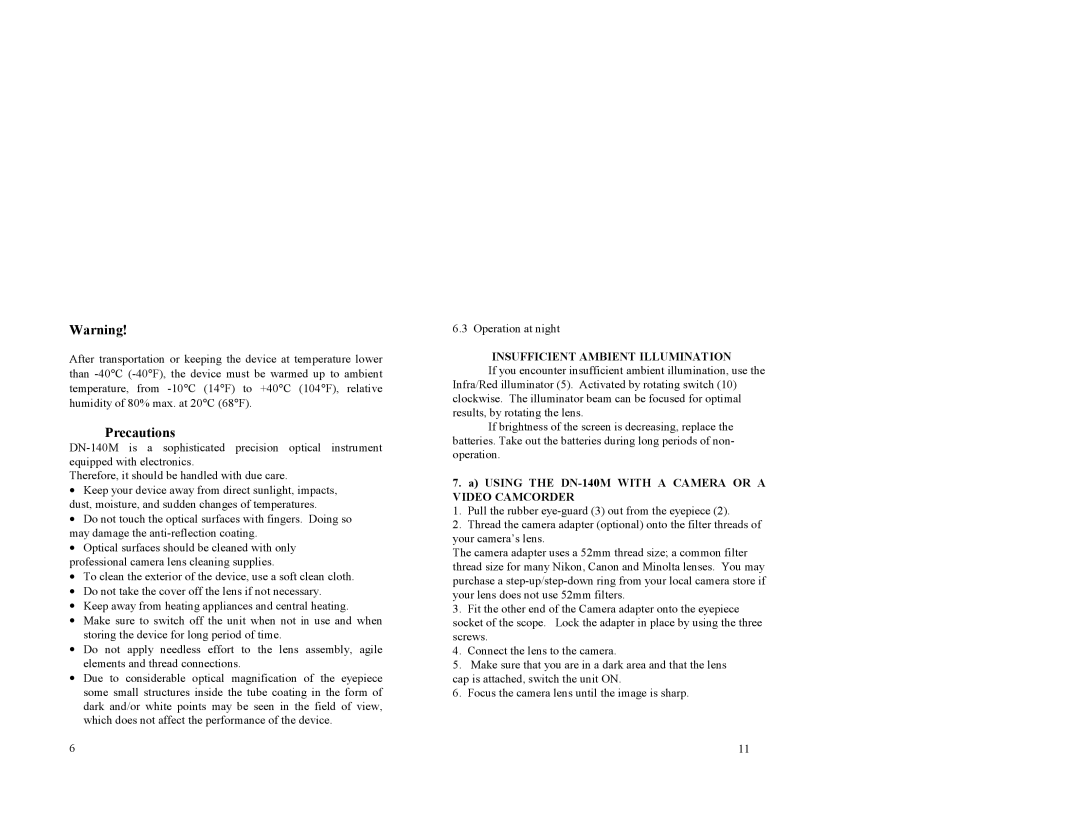 Newcon Optik DN140M Precautions, Insufficient Ambient Illumination, Using the DN-140M with a Camera or a Video Camcorder 