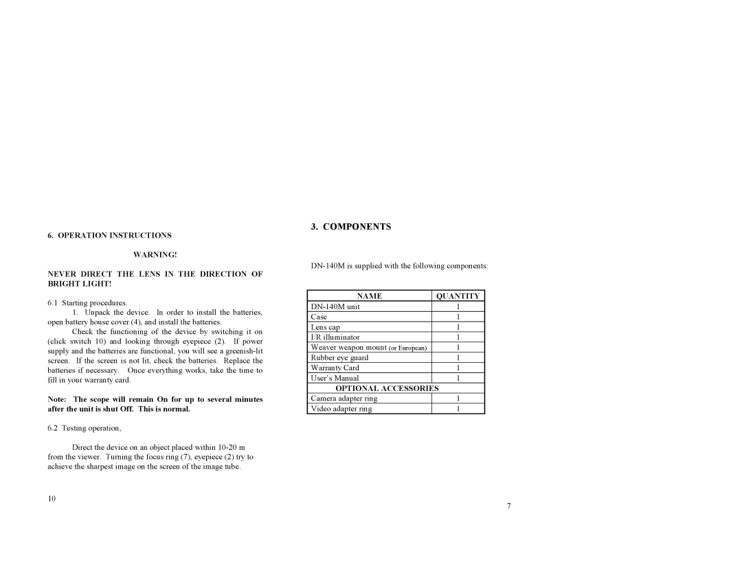 Newcon Optik DN140M operation manual Components, Name Quantity 