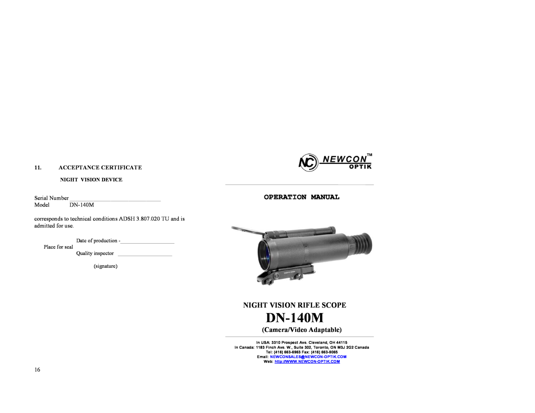 Newcon Optik DN140M operation manual Night Vision Rifle Scope, DN-140M, Operation Manual, Camera/Video Adaptable 