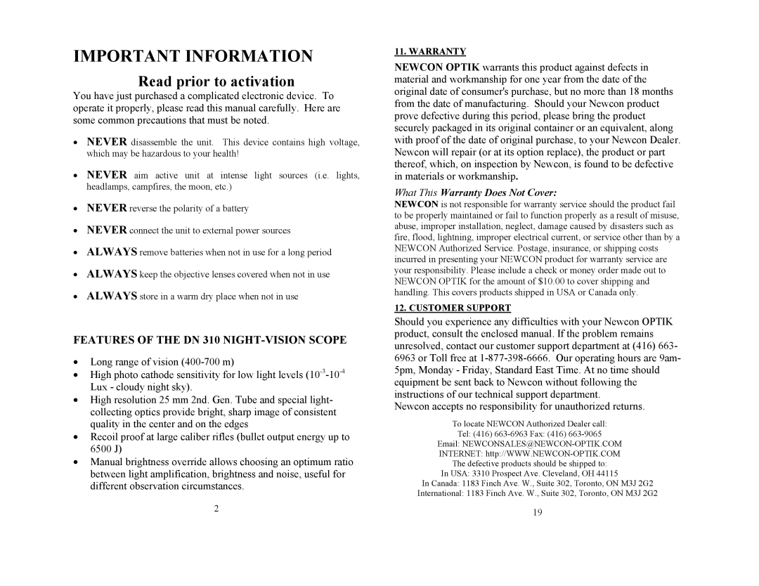 Newcon Optik DN310 operation manual Important Information 