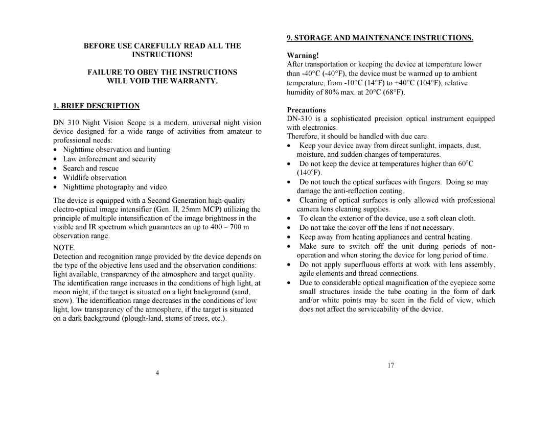 Newcon Optik DN310 operation manual Storage and Maintenance Instructions, Precautions 