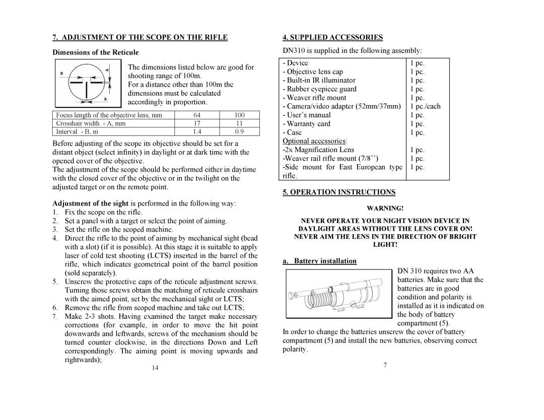 Newcon Optik DN310 operation manual Supplied Accessories, Operation Instructions, Battery installation 