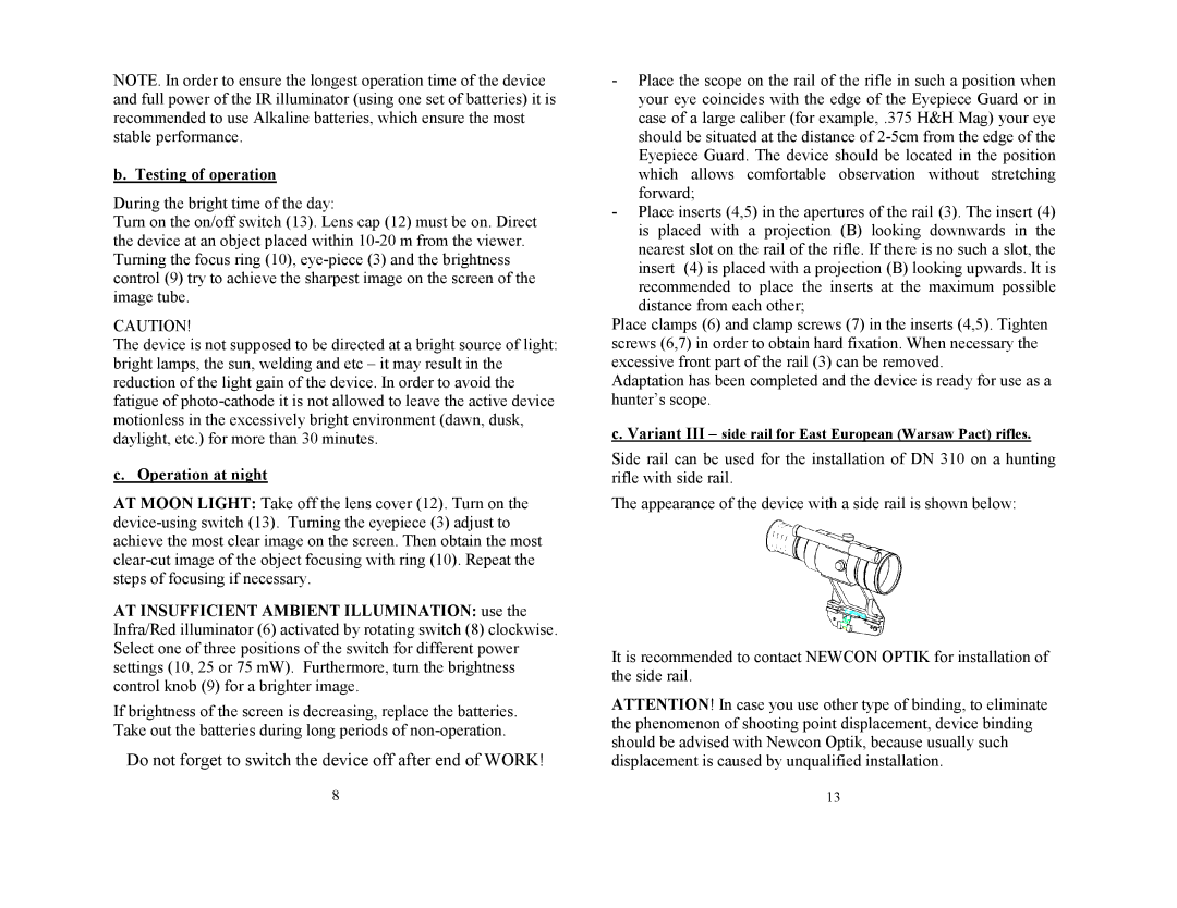 Newcon Optik DN310 operation manual Testing of operation, Operation at night 