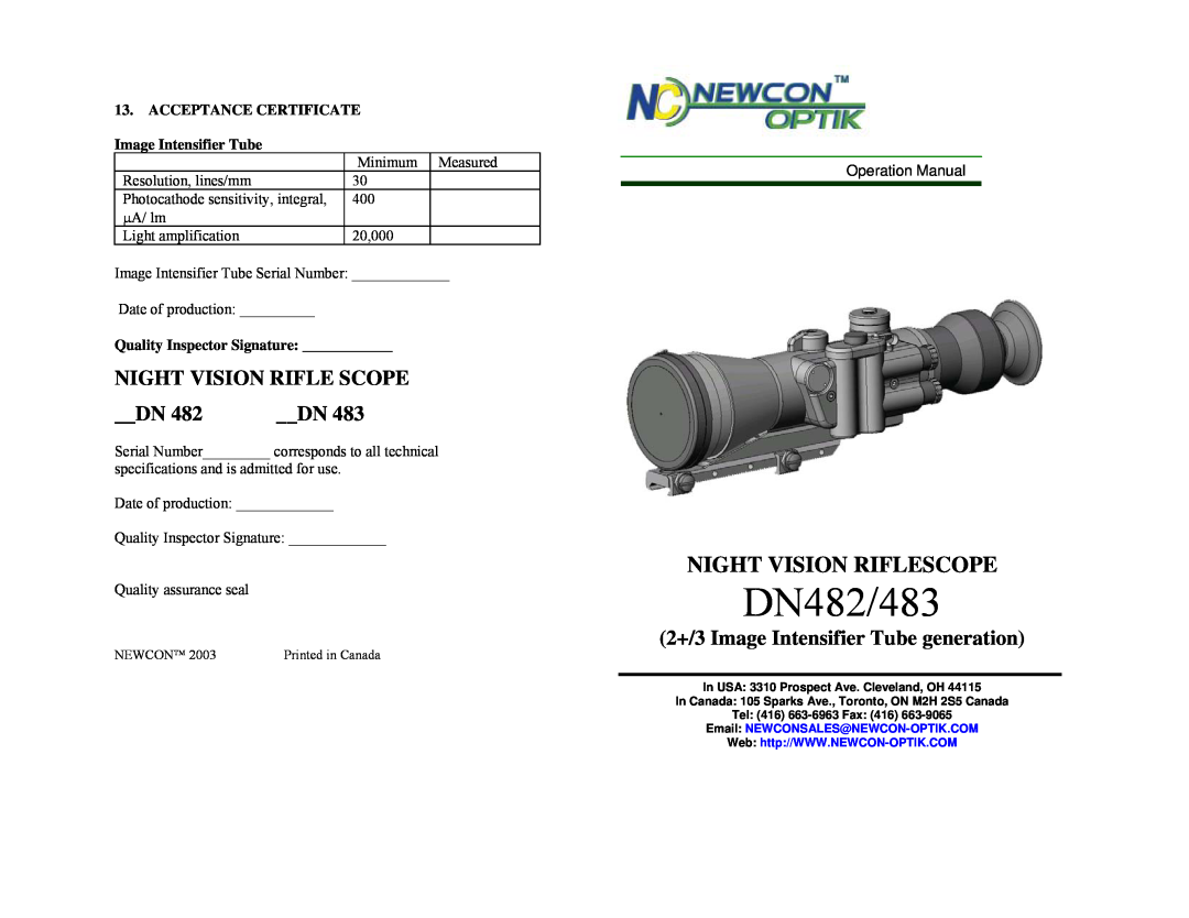 Newcon Optik DN483 technical specifications DN482/483, Night Vision Riflescope, NIGHT VISION RIFLE SCOPE __DN 482 __DN 