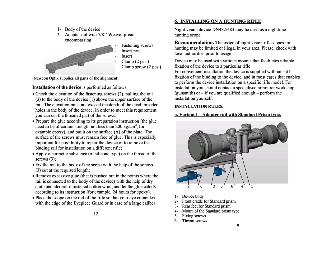 Newcon Optik DN482, DN483 technical specifications Installing On A Hunting Rifle 