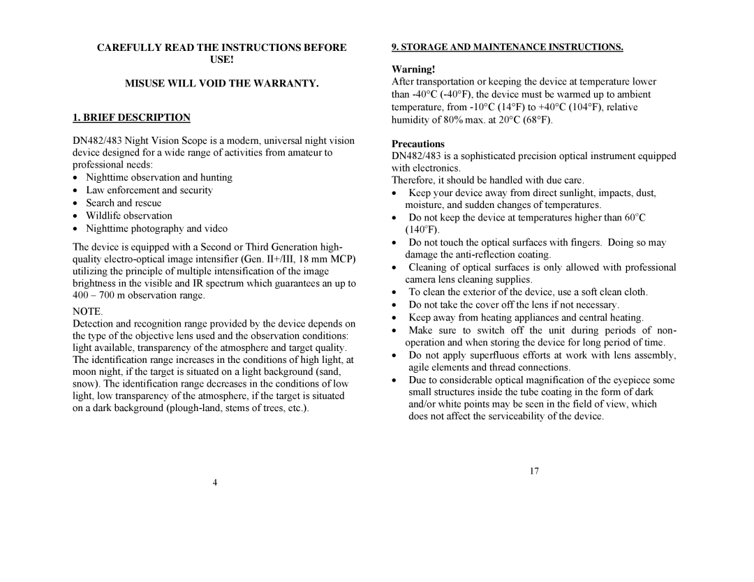 Newcon Optik DN483, DN482 technical specifications Precautions, Storage and Maintenance Instructions 