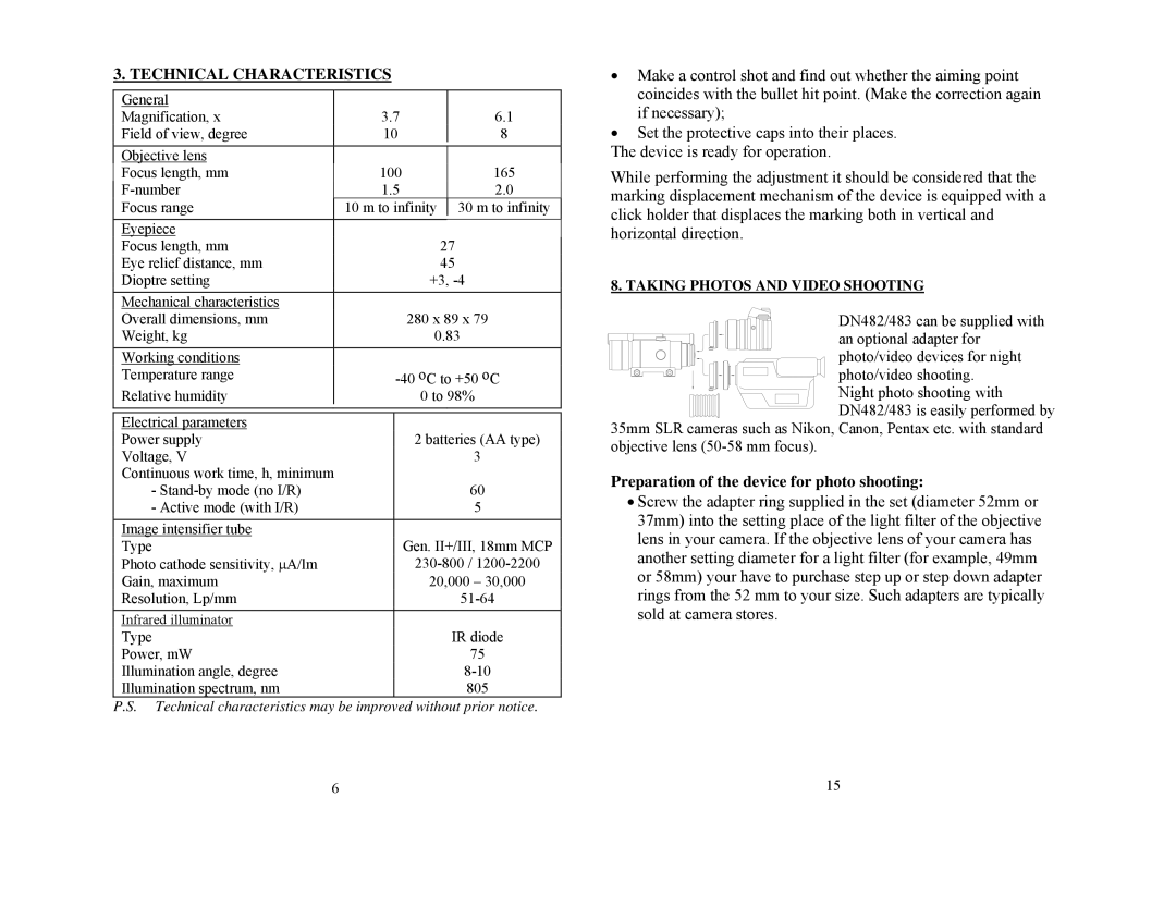 Newcon Optik DN483, DN482 technical specifications Technical Characteristics, Preparation of the device for photo shooting 