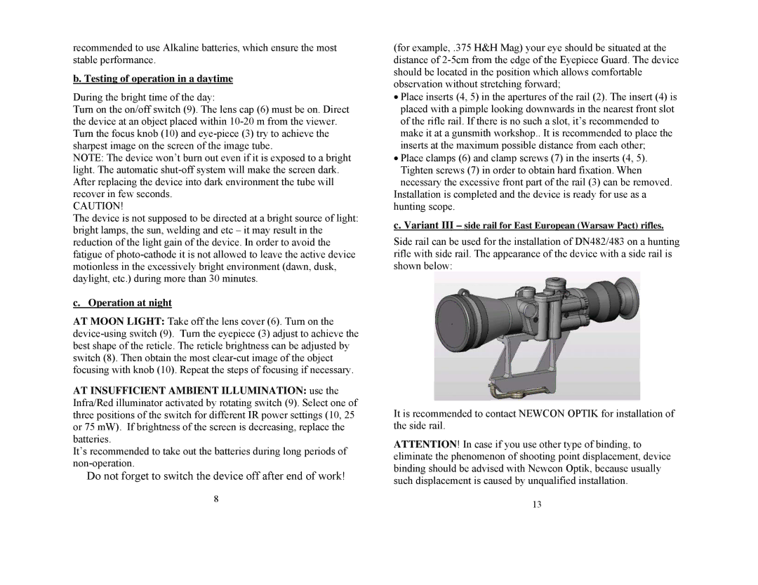 Newcon Optik DN483, DN482 technical specifications Testing of operation in a daytime, Operation at night 