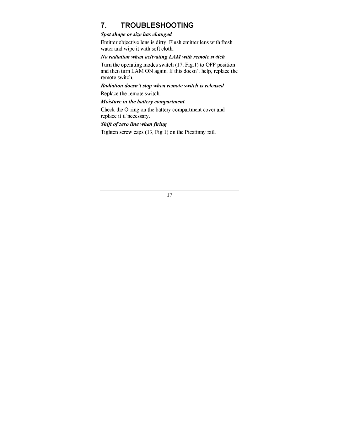 Newcon Optik LAM 10M IR operation manual Troubleshooting, Spot shape or size has changed 