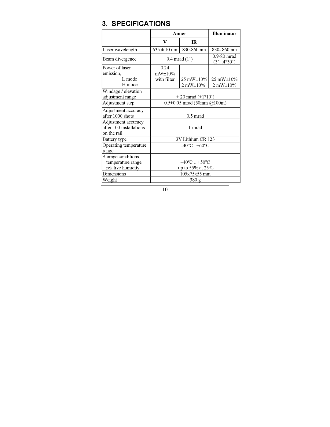 Newcon Optik LAM 3 IR operation manual Specifications, Aimer Illuminator 