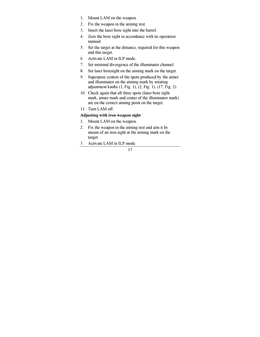 Newcon Optik LAM 3 IR operation manual Adjusting with iron weapon sight 