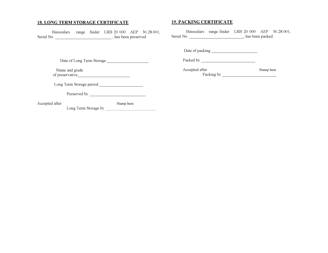 Newcon Optik LRB 20 000 operation manual Long Term Storage Certificate, Packing Certificate 