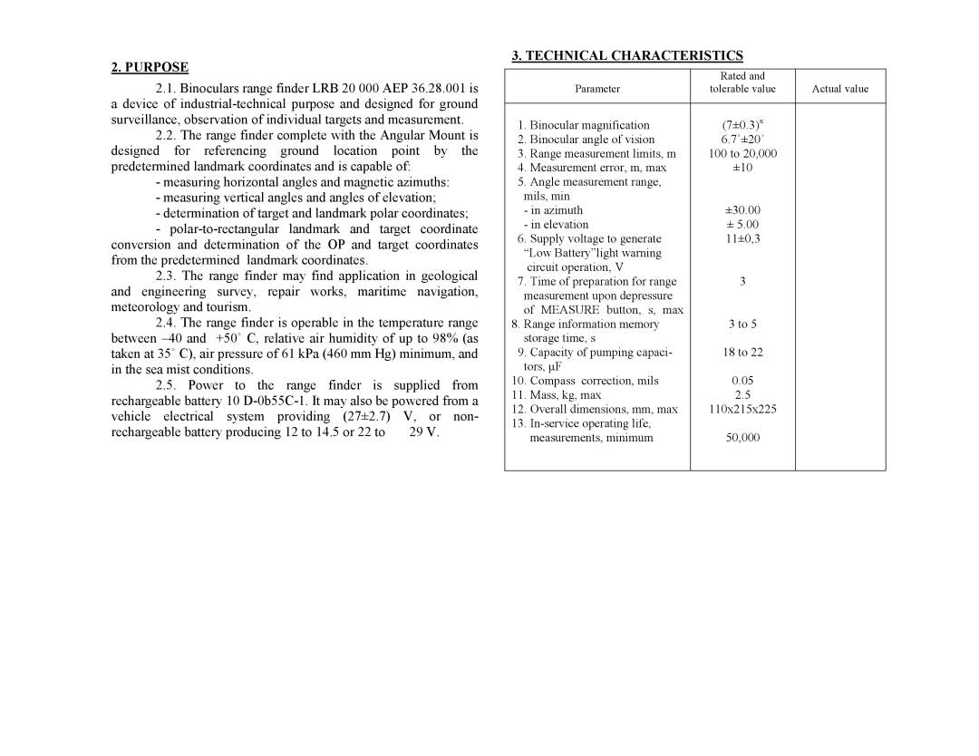 Newcon Optik LRB 20 000 operation manual Purpose, Technical Characteristics 