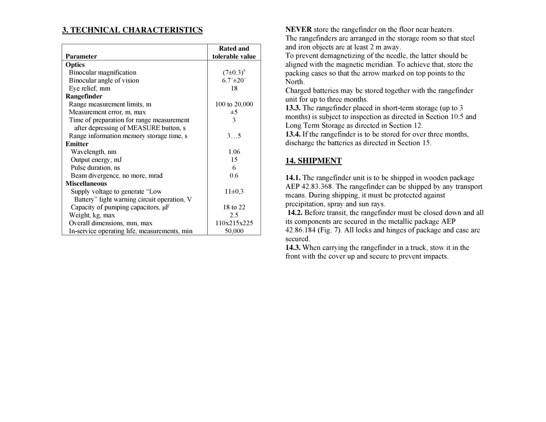 Newcon Optik LRB 20000 operation manual Technical Characteristics, Shipment 