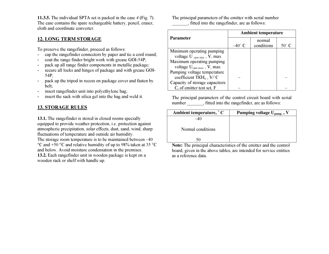 Newcon Optik LRB 20000 Long Term Storage, Storage Rules, Parameter Ambient temperature, Pumping voltage Upump 