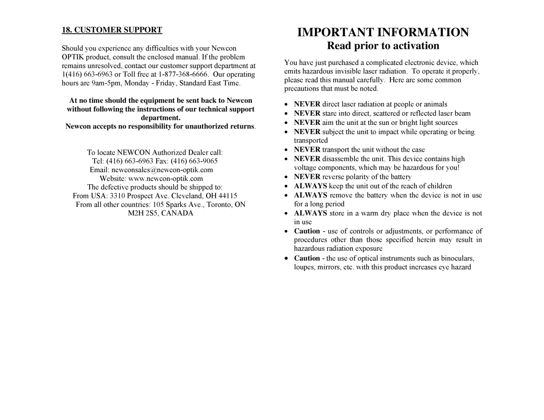 Newcon Optik LRB 20000 operation manual Important Information, Customer Support 