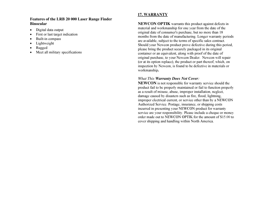 Newcon Optik LRB 20000 operation manual Features of the LRB 20 000 Laser Range Finder Binocular, Warranty 