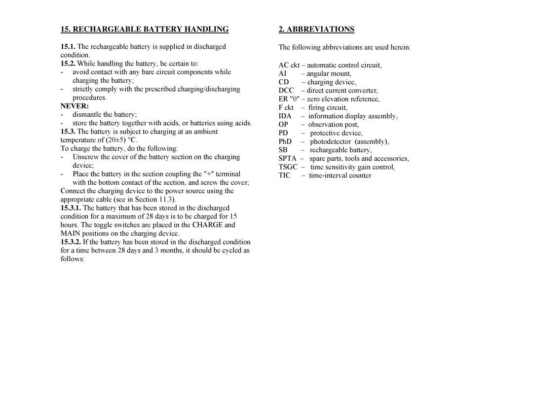 Newcon Optik LRB 20000 operation manual Rechargeable Battery Handling, Abbreviations, Never 