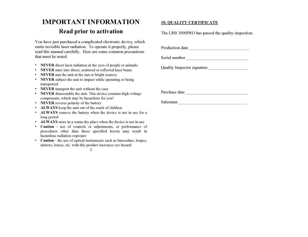 Newcon Optik LRB 3000 PRO operation manual Important Information, Quality Certificate 