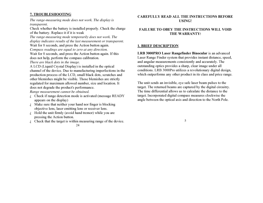 Newcon Optik LRB 3000 PRO operation manual Troubleshooting, There are black dots in the image 